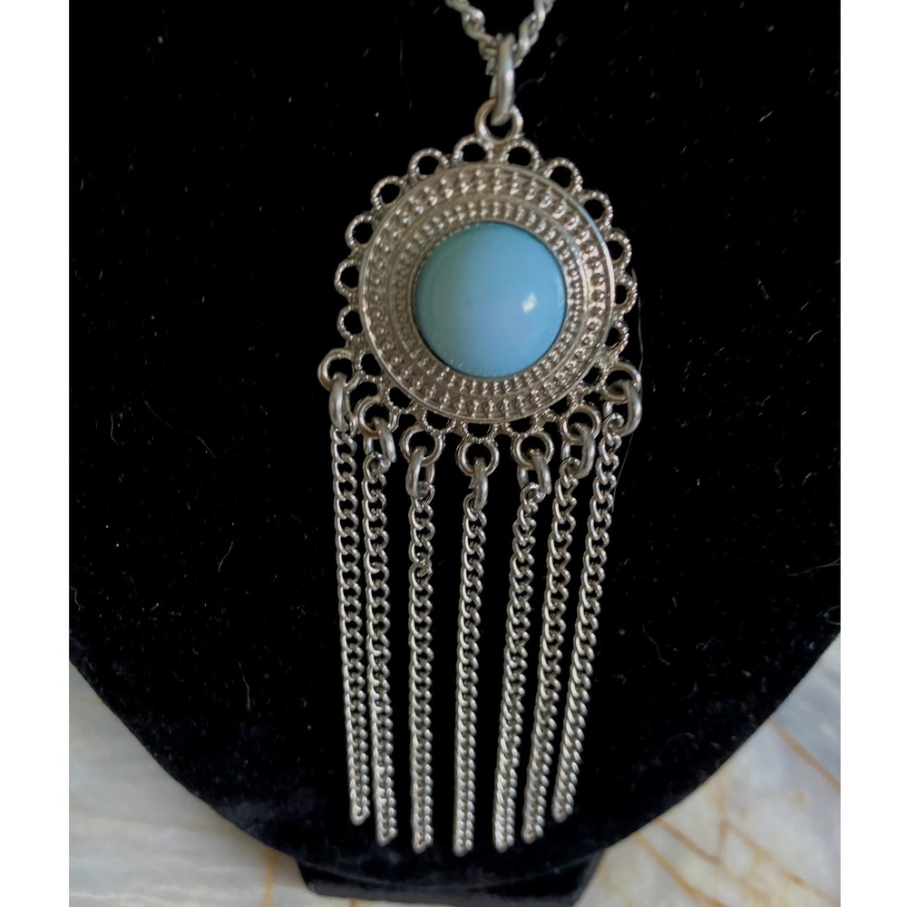 Silver Tone Boho Medallion Tassel Double Strand Necklace Light Blue Cabochon